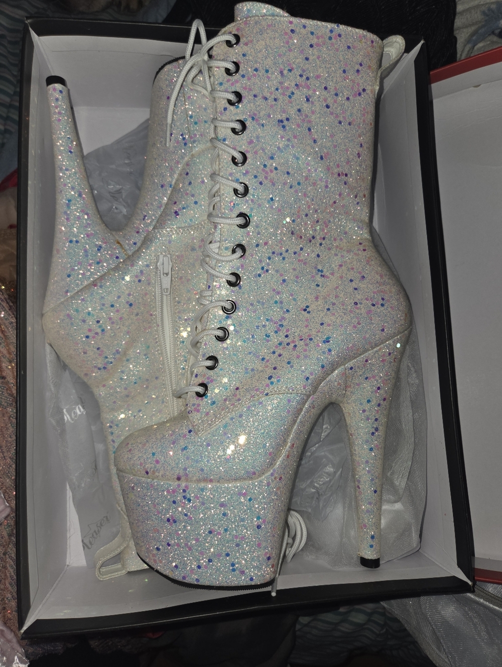 Pleaser White Iridescent Glitter Lace-Up Platform Boots Adore-1040-IG Boots - Picture 4 of 4